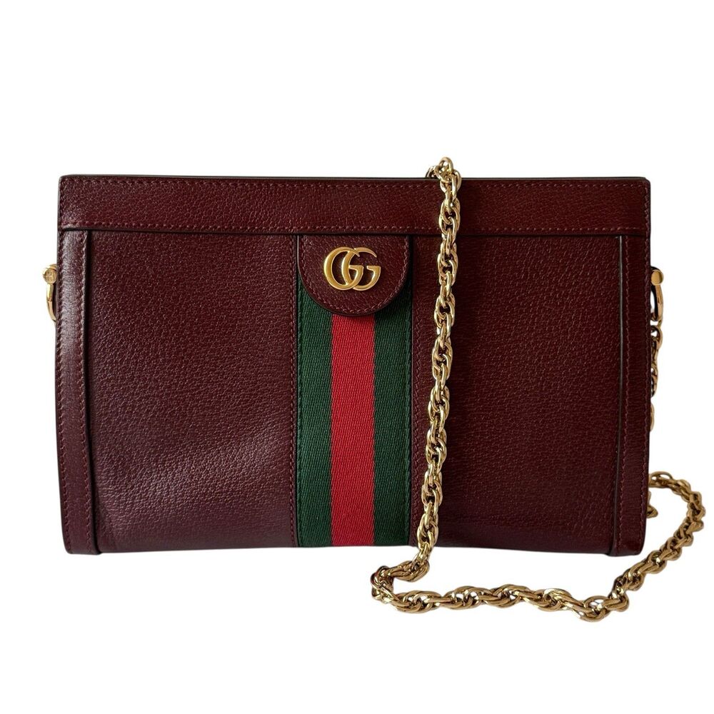 Gucci Ophidia GG Shoulder Bag Small Burgundy Leather Gold Chain Web Magnetic